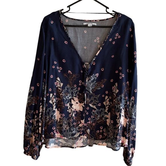 O'NEILL Floral Tie Front Long Sleeve Blouse Navy Blue Size Medium - Picture 1 of 5